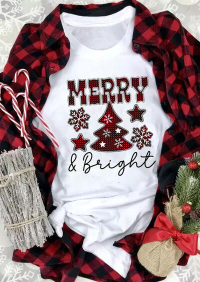 MERRY & BRIGHT Round Neck Short Sleeve T-Shirt