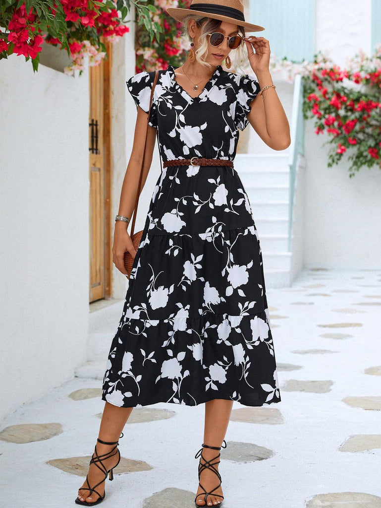 Floral Frill Trim V-Neck Tiered Midi Dress - BELLATRENDZ