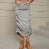 Drawstring Ruched Slit Denim Midi Skirt - BELLATRENDZ