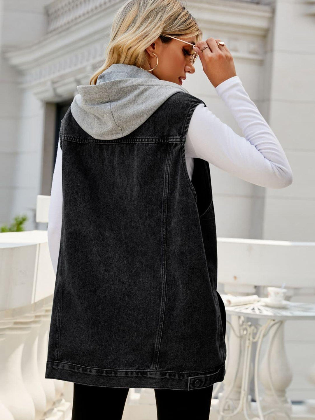 Drawstring Hooded Sleeveless Denim Top with Pockets - BELLATRENDZ