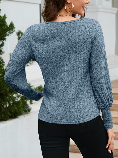 Ribbed Round Neck Lantern Sleeve Knit Top