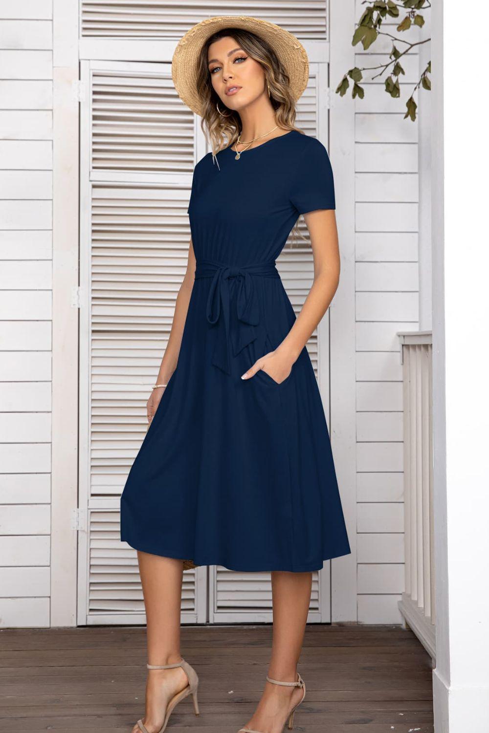 Belted Tee Dress With Pockets - BELLATRENDZ