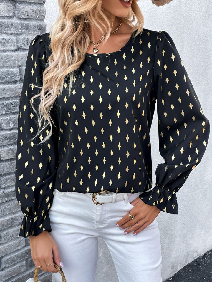 Printed Round Neck Flounce Sleeve Blouse