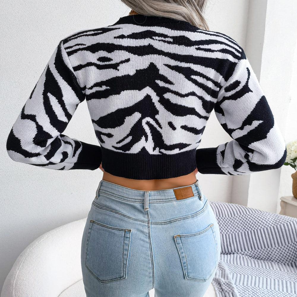 Tiger Print Mock Neck Cropped Sweater - BELLATRENDZ