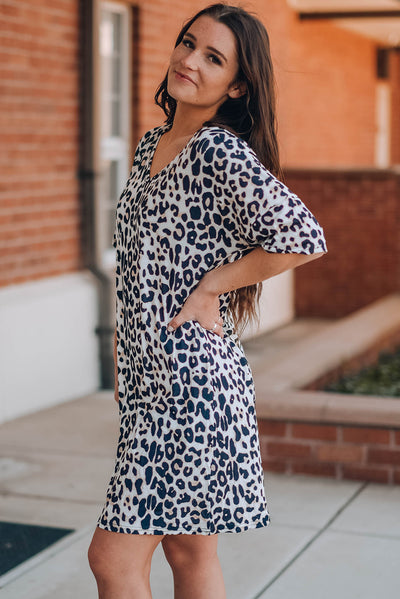 Leopard V-Neck Short Sleeve Mini Dress with Pockets
