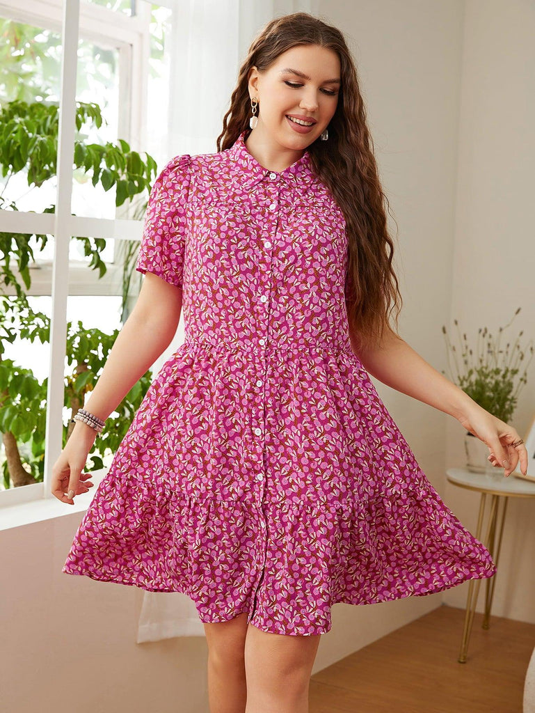 Plus Size Printed Short Sleeve Collared Dress - BELLATRENDZ