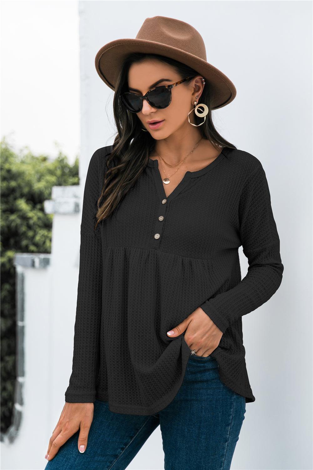 Button Front Waffle Knit Babydoll Top - BELLATRENDZ