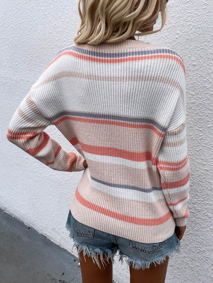 Striped Drop Shoulder Round Neck Pullover Sweater - BELLATRENDZ