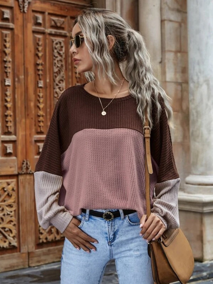 Color Block Waffle-Knit Long Sleeve Top