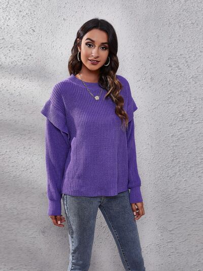 Ruffled Round Neck Dropped Shoulder Sweater