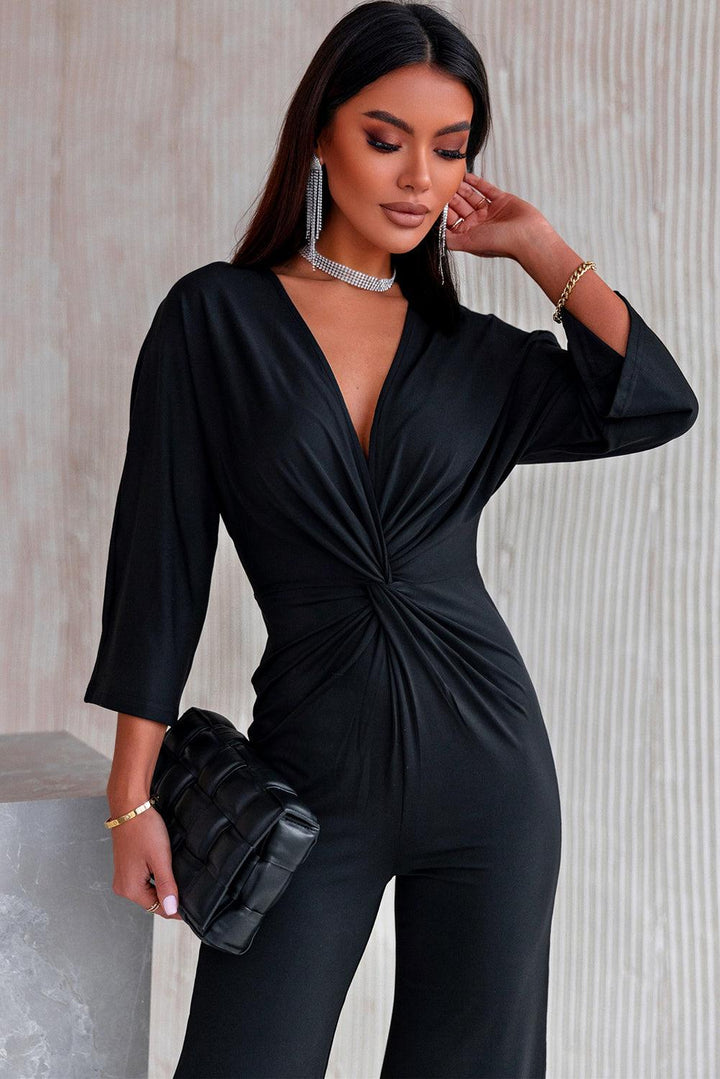 Twisted Plunge Three-Quarter Sleeve Jumpsuit - BELLATRENDZ