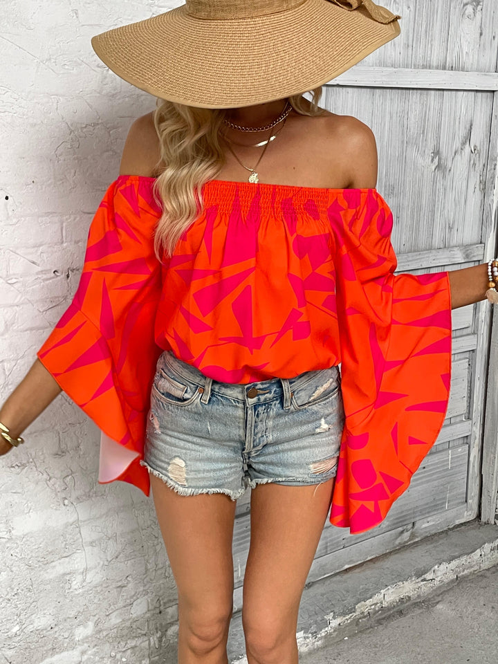 Printed Off-Shoulder Bell Sleeve Blouse - BELLATRENDZ