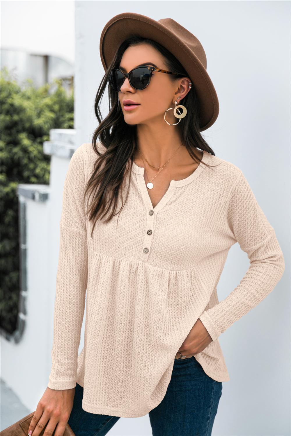 Button Front Waffle Knit Babydoll Top - BELLATRENDZ