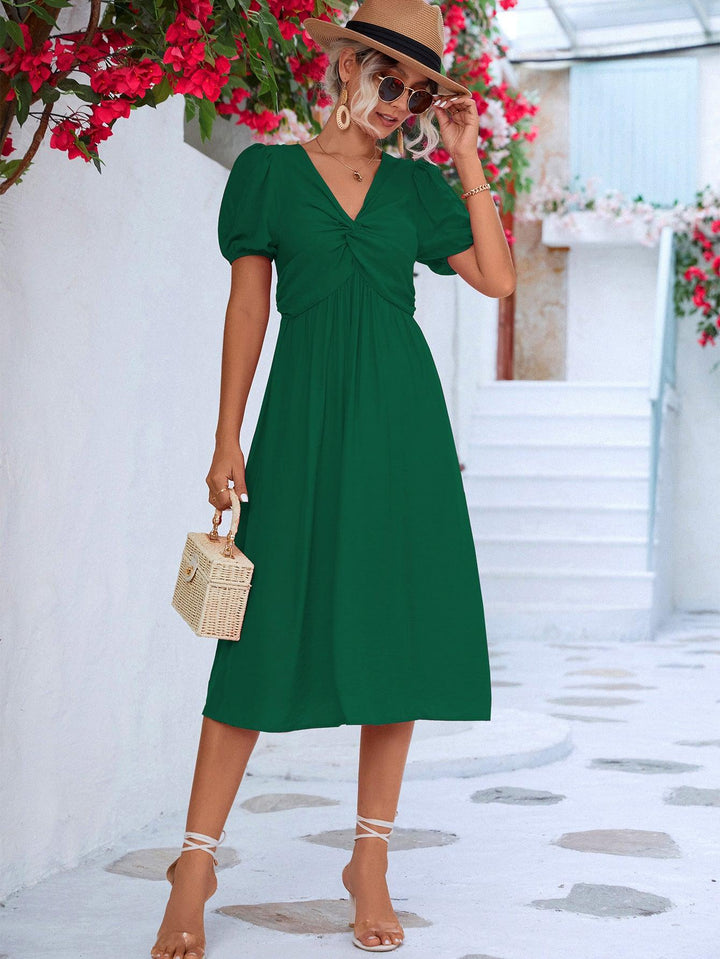 Twisted Short Puff Sleeve V-Neck Dress - BELLATRENDZ