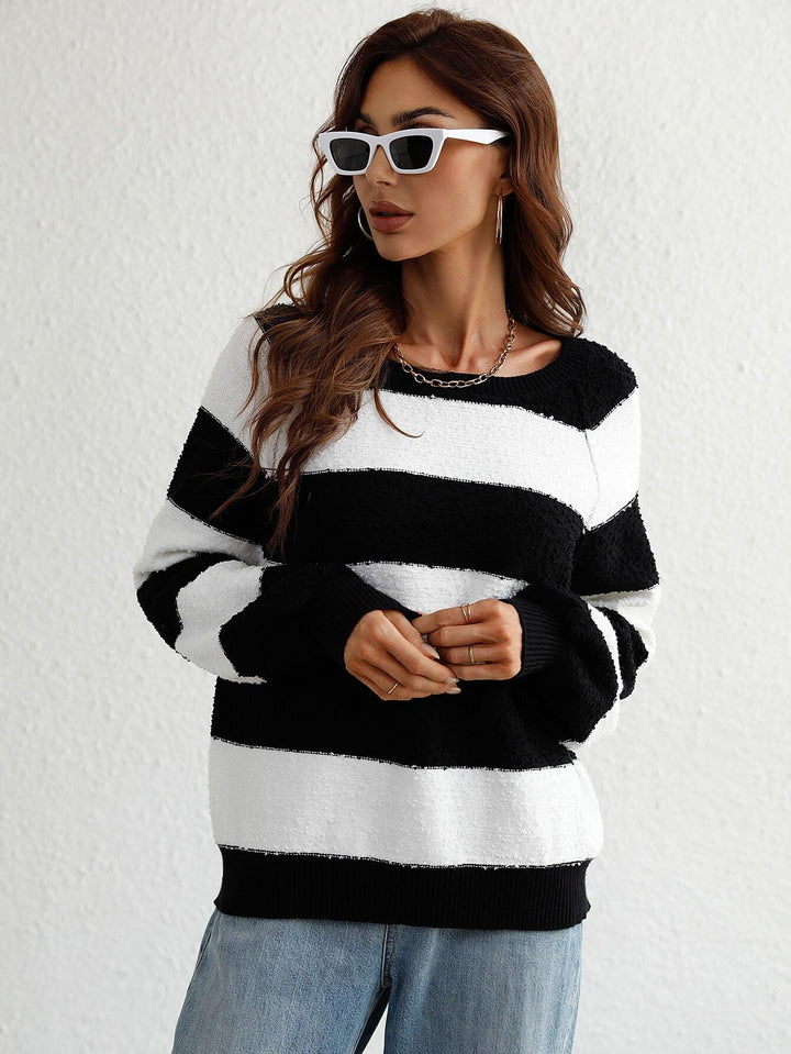 Striped Raglan Sleeve Ribbed Trim Knit Top - BELLATRENDZ