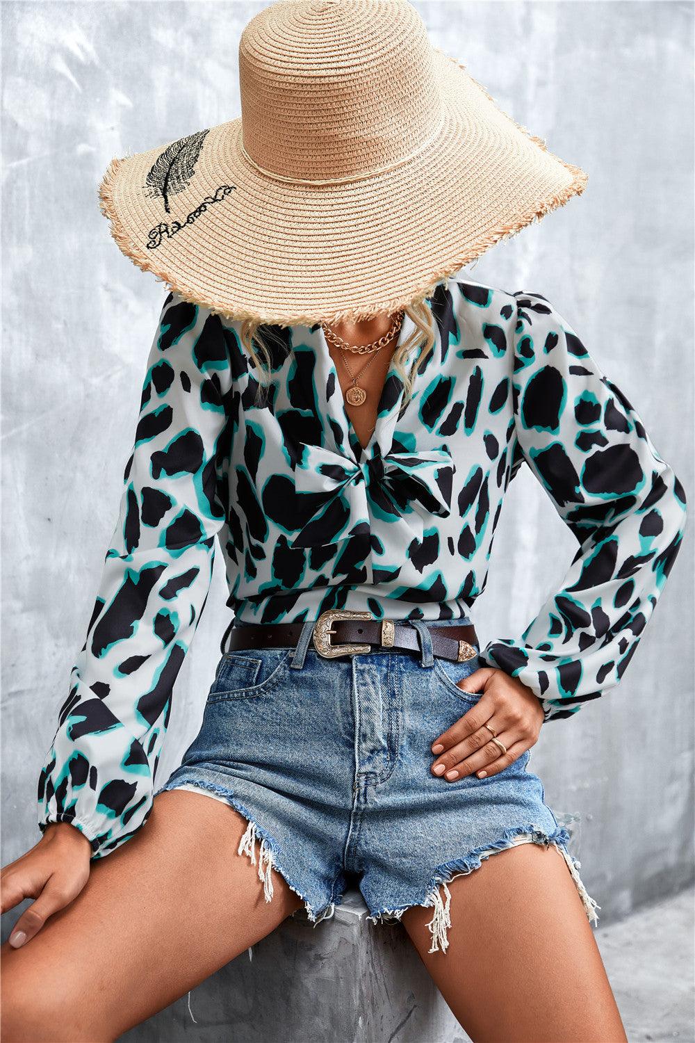 Printed Tie Neck Puff Sleeve Blouse - BELLATRENDZ