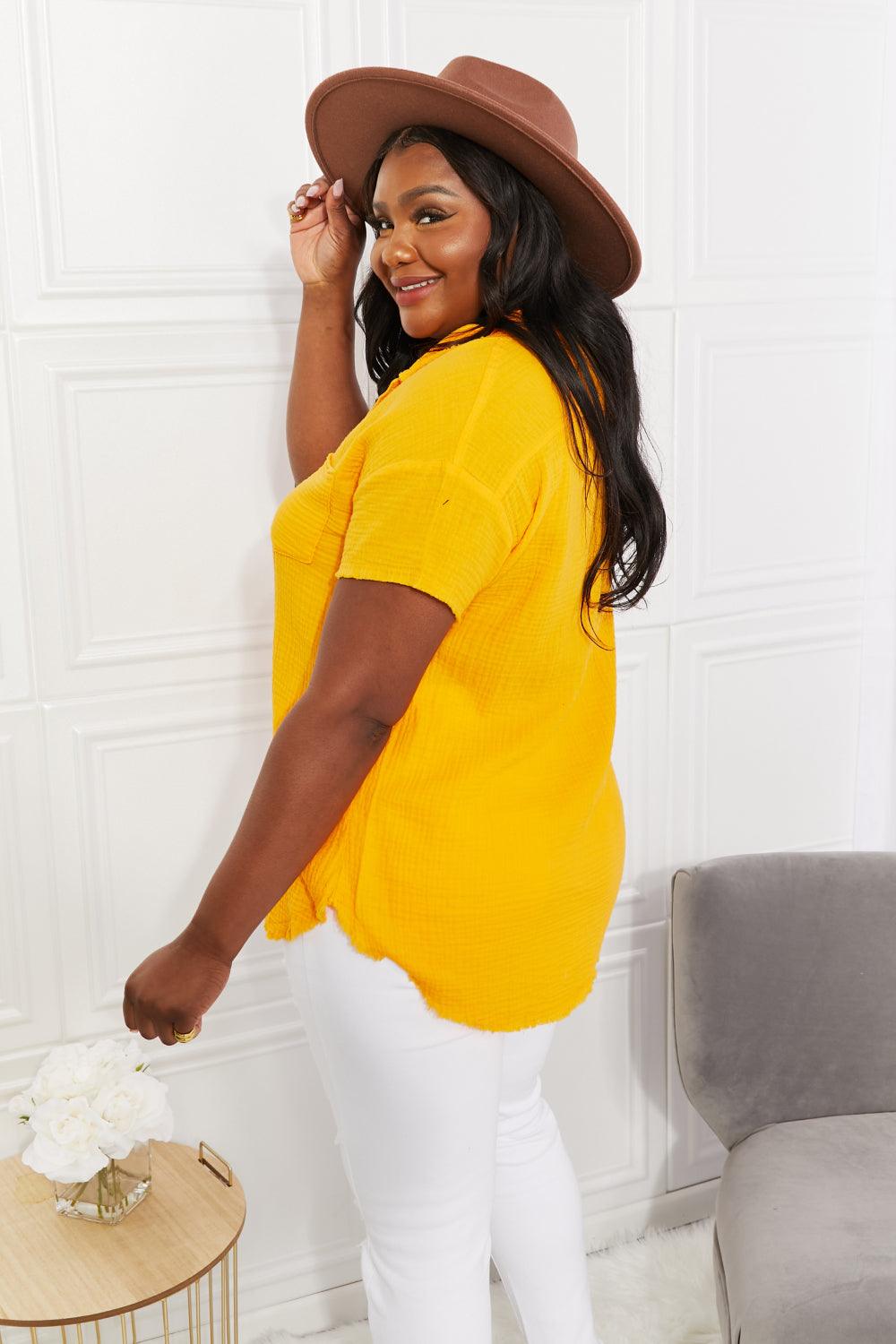 Zenana Full Size Summer Breeze Gauze Short Sleeve Shirt in Mustard - BELLATRENDZ