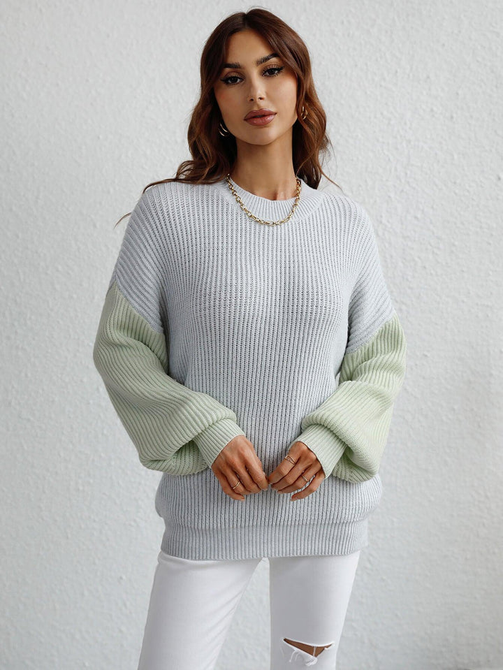 Two-Tone Rib-Knit Dropped Shoulder Sweater - BELLATRENDZ