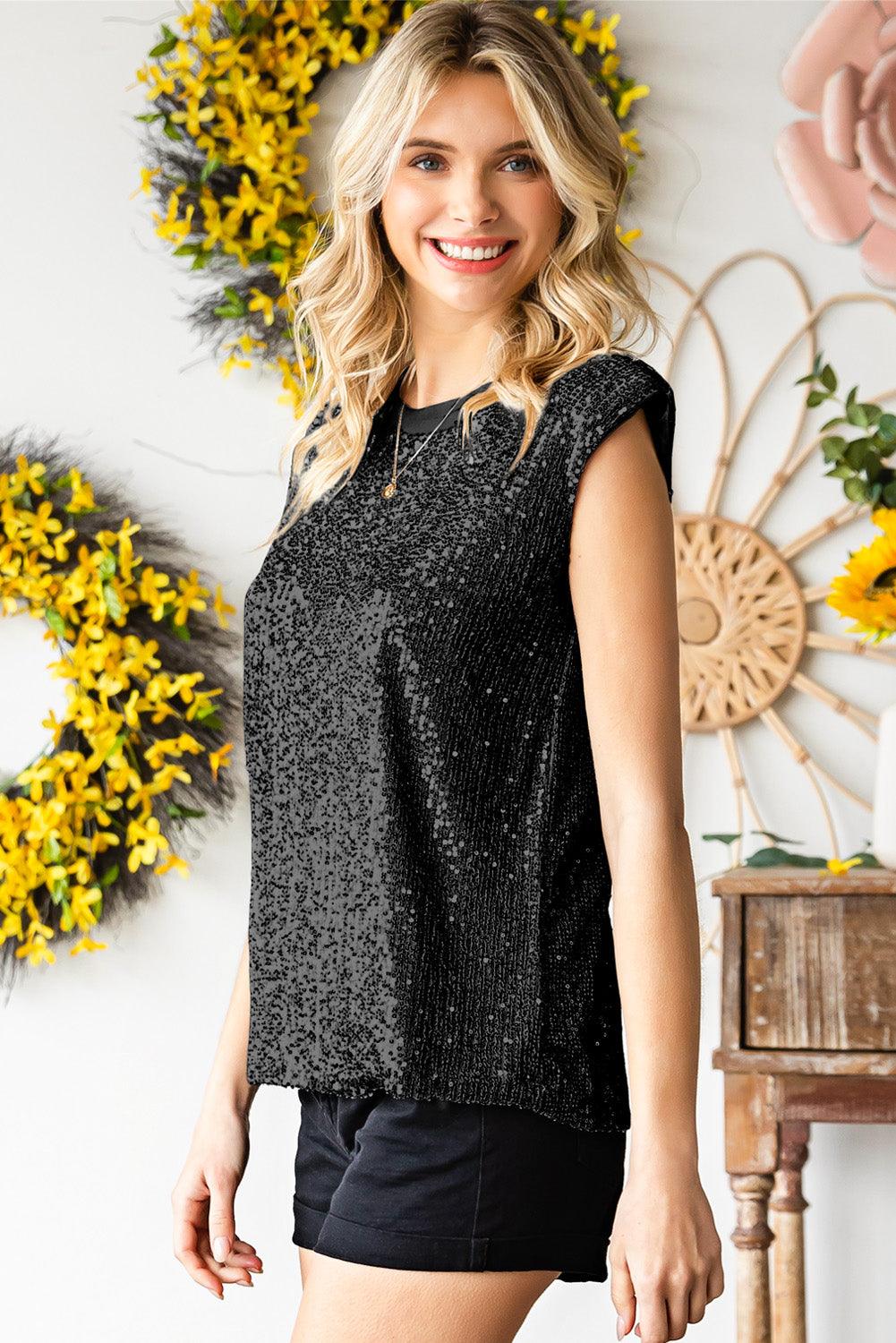 Sequin Round Neck Capped Sleeve Tank - BELLATRENDZ