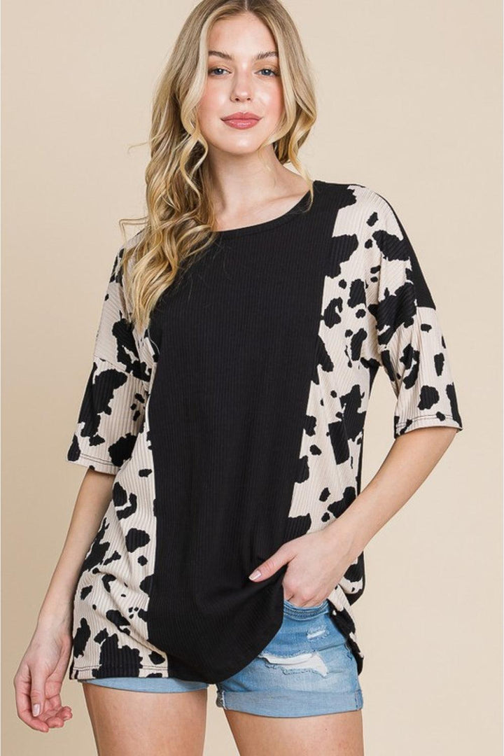 BOMBOM Rodeo Love Ribbed Animal Contrast Tee - BELLATRENDZ