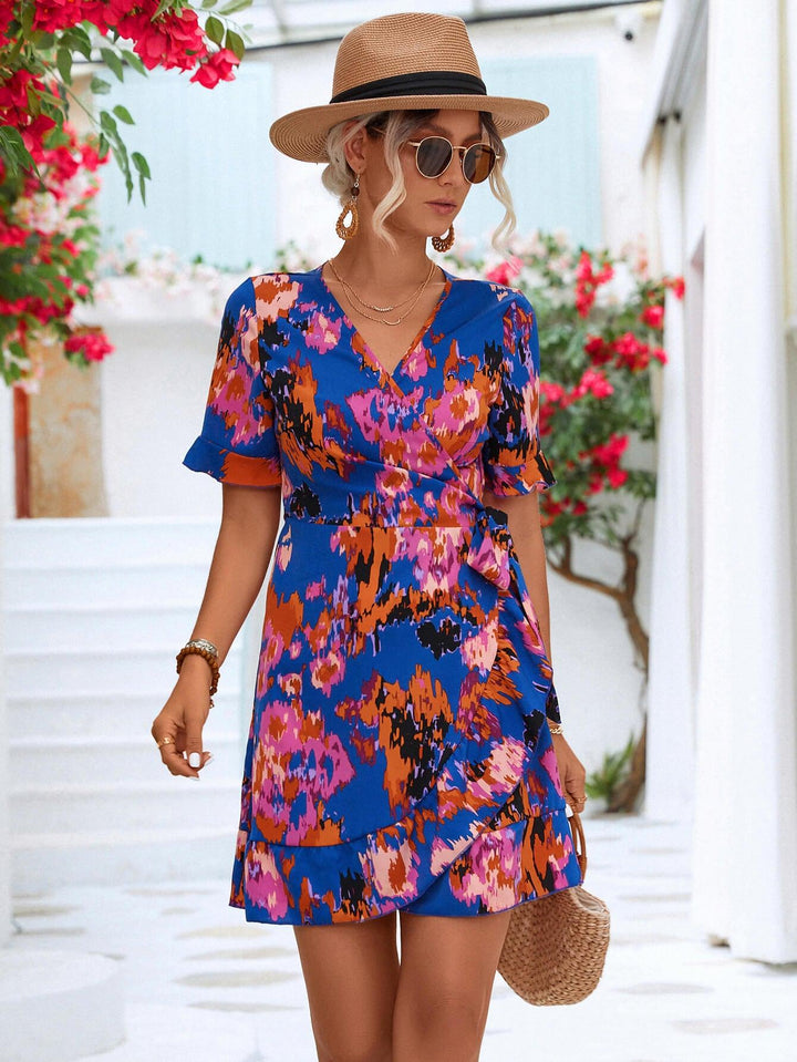 Printed Flounce Sleeve Tied Dress - BELLATRENDZ