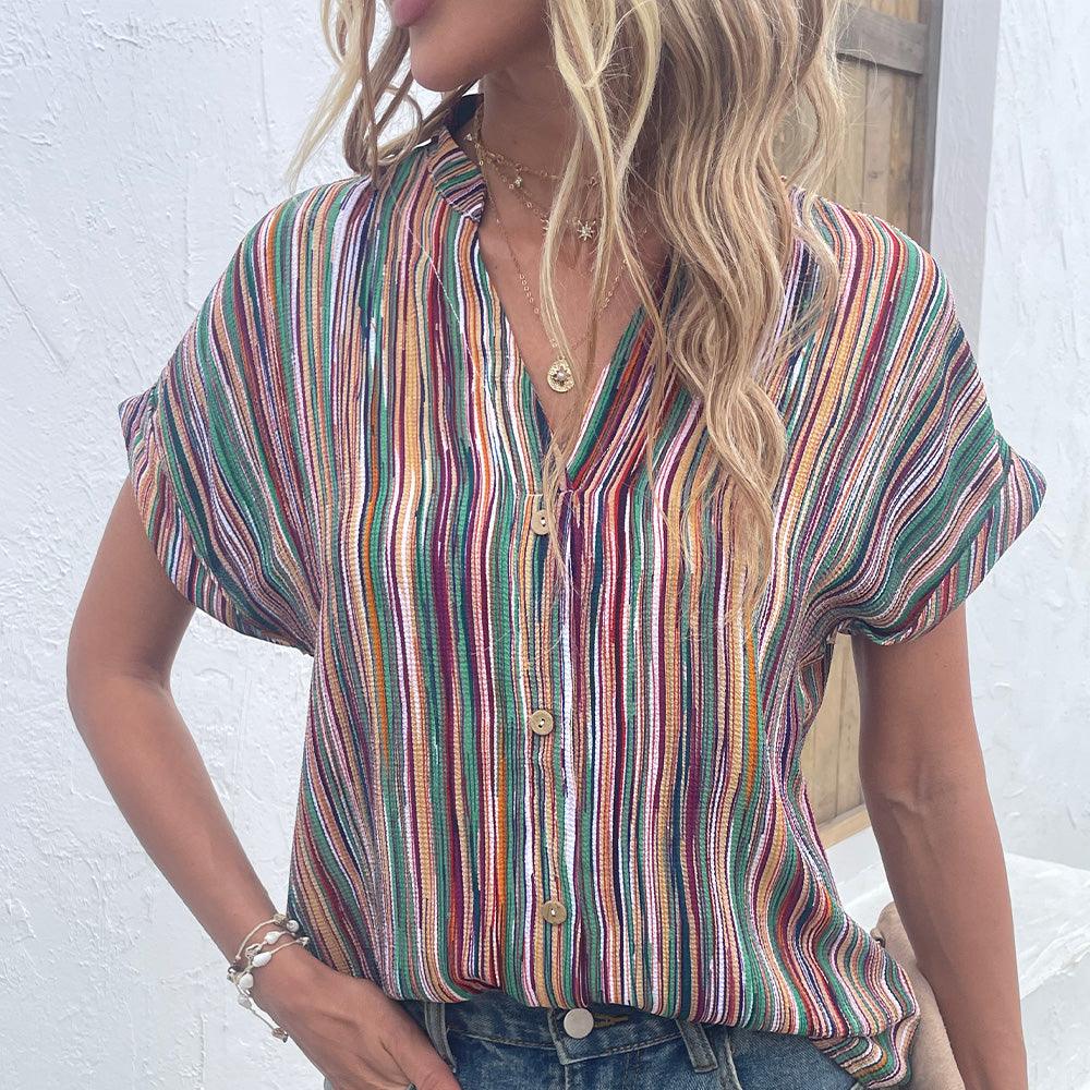 Multicolored Stripe Notched Neck Top - BELLATRENDZ