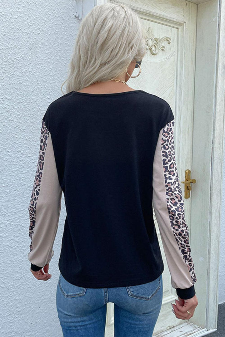 Leopard Color Block Long Sleeve Sweatshirt - BELLATRENDZ