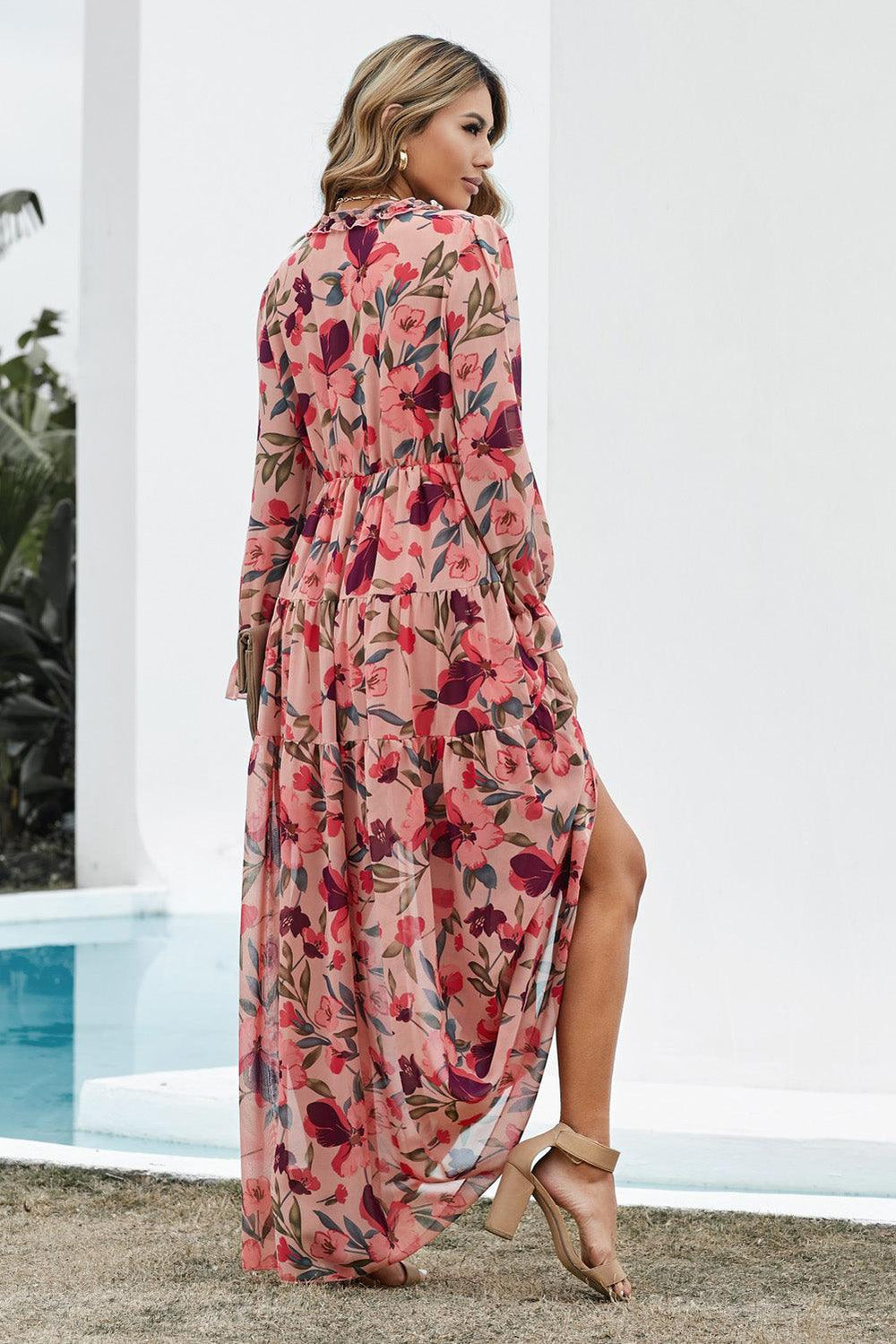 Floral Frill Trim Flounce Sleeve Plunge Maxi Dress - BELLATRENDZ