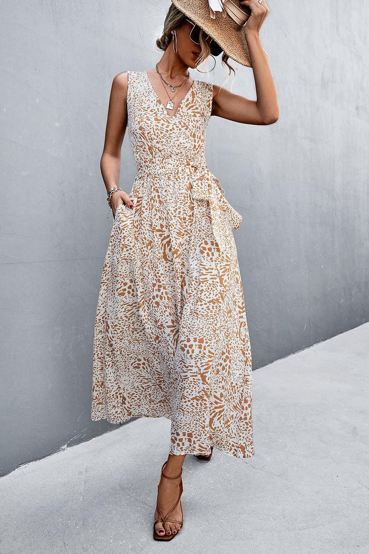 Printed V-Neck Tie Waist Maxi Dress - BELLATRENDZ