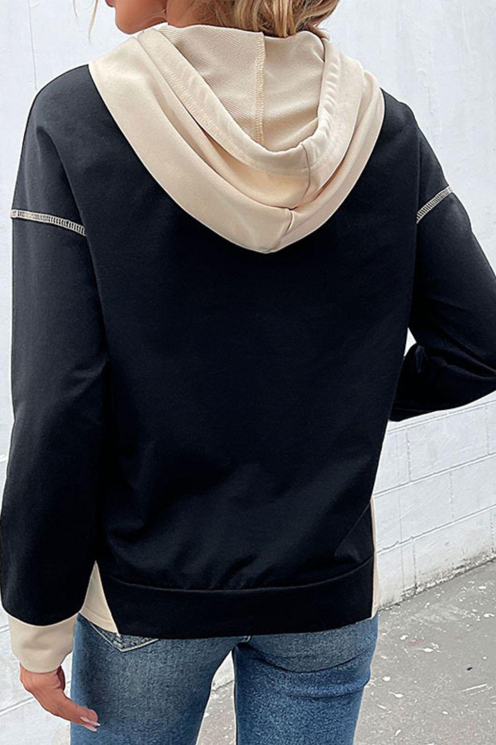 Contrast Drawstring Detail Drop Shoulder Hoodie - BELLATRENDZ