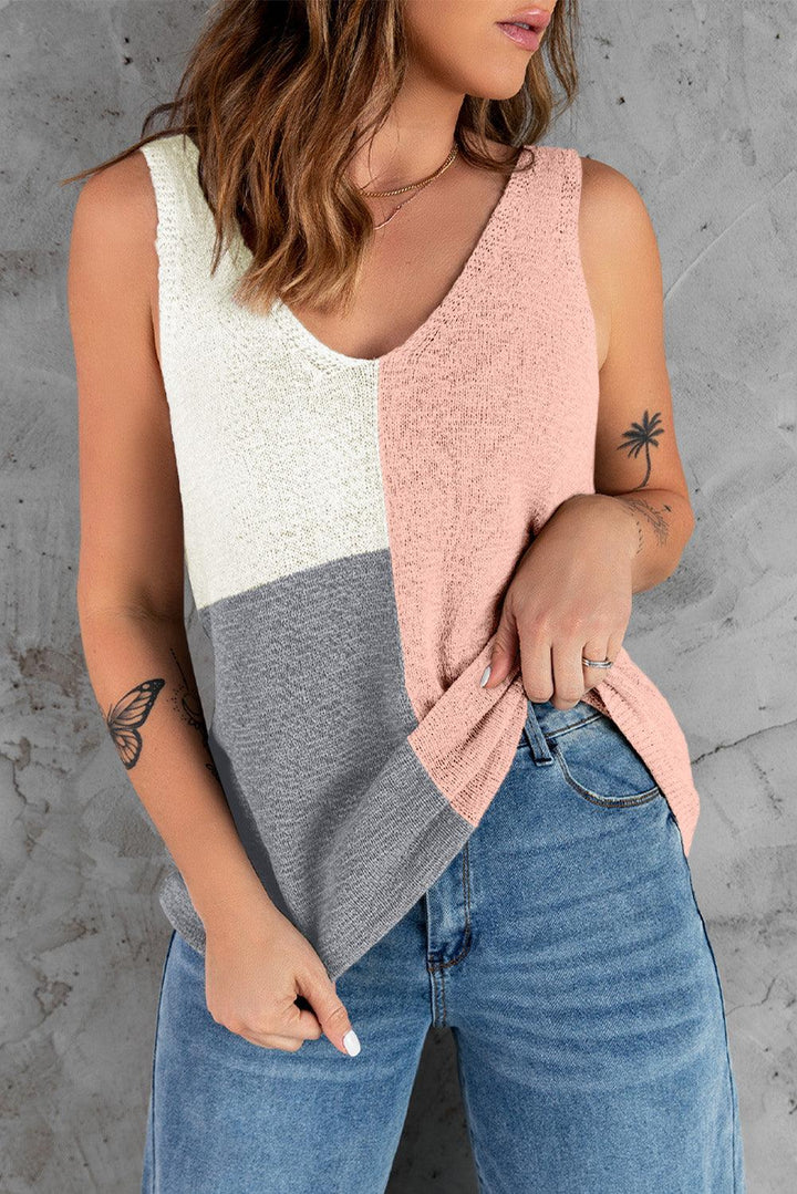 Color Block V-Neck Knitted Tank - BELLATRENDZ