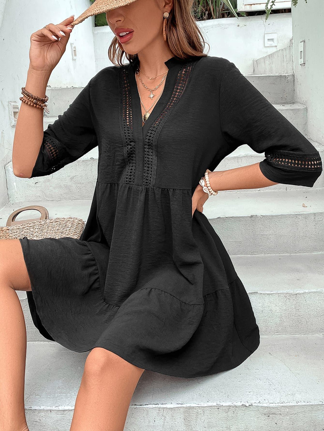 Notched Neck Half Sleeve Dress - BELLATRENDZ