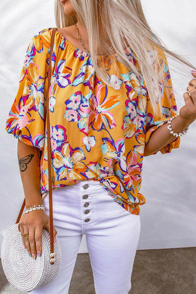 Floral Puff Sleeve Boat Neck Blouse