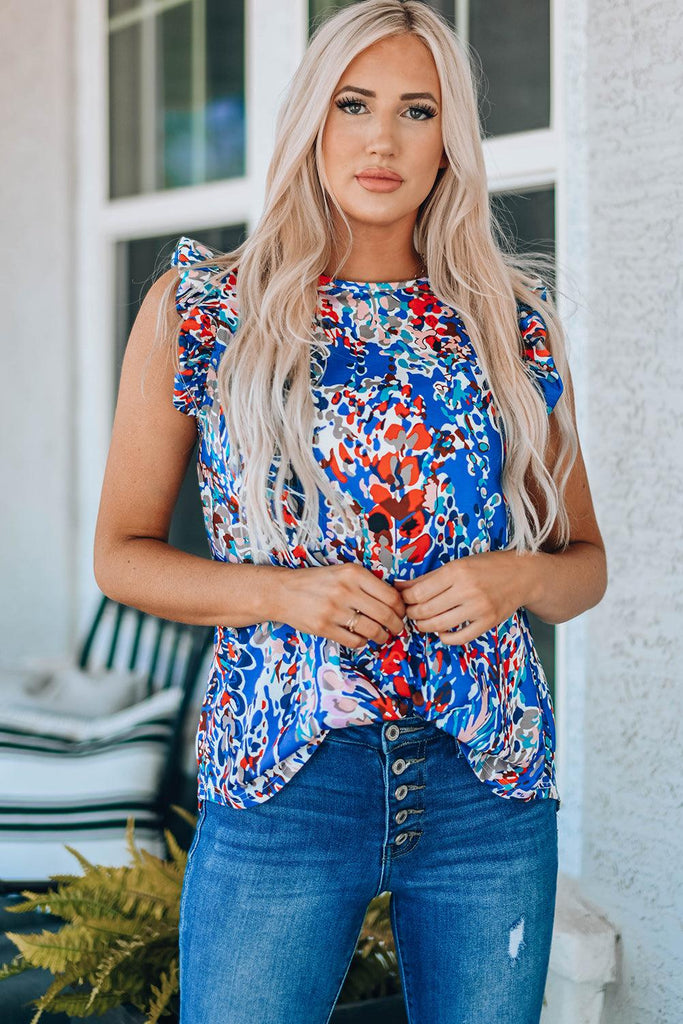 Abstract Print Ruffle Shoulder Top - BELLATRENDZ