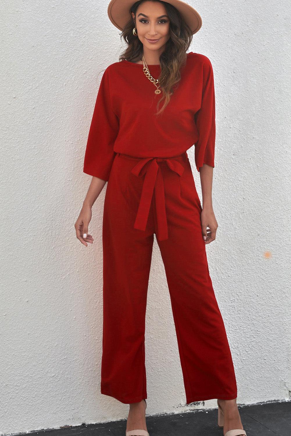 Belted Three-Quarter Sleeve Jumpsuit - BELLATRENDZ