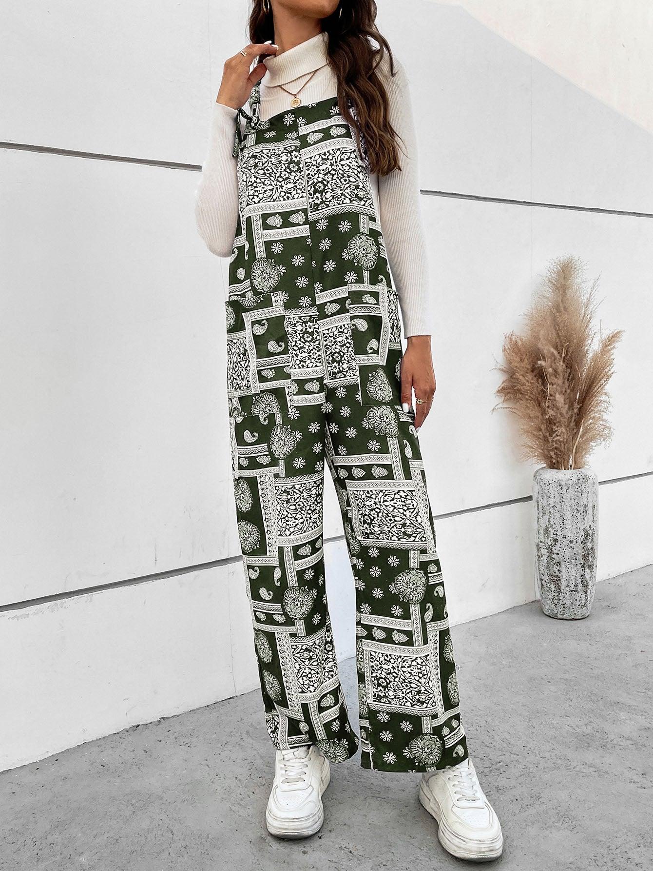 Printed Straight Leg Overalls with Pockets