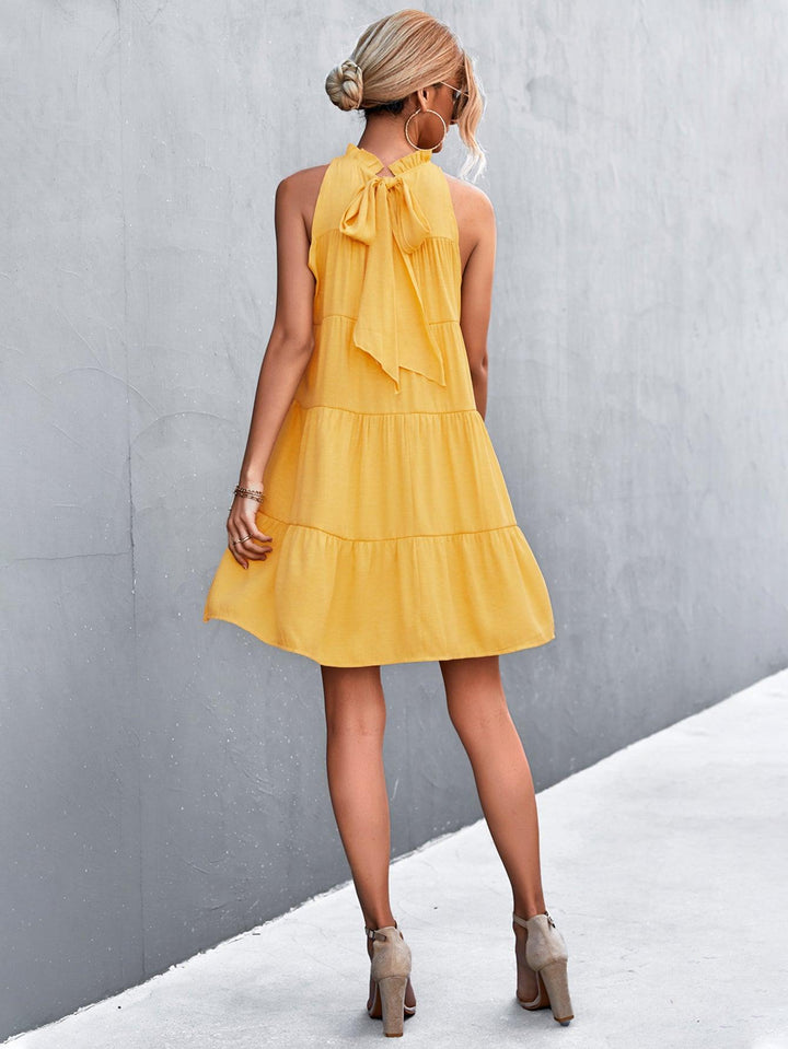 Tie Back Mock Neck Tiered Dress - BELLATRENDZ