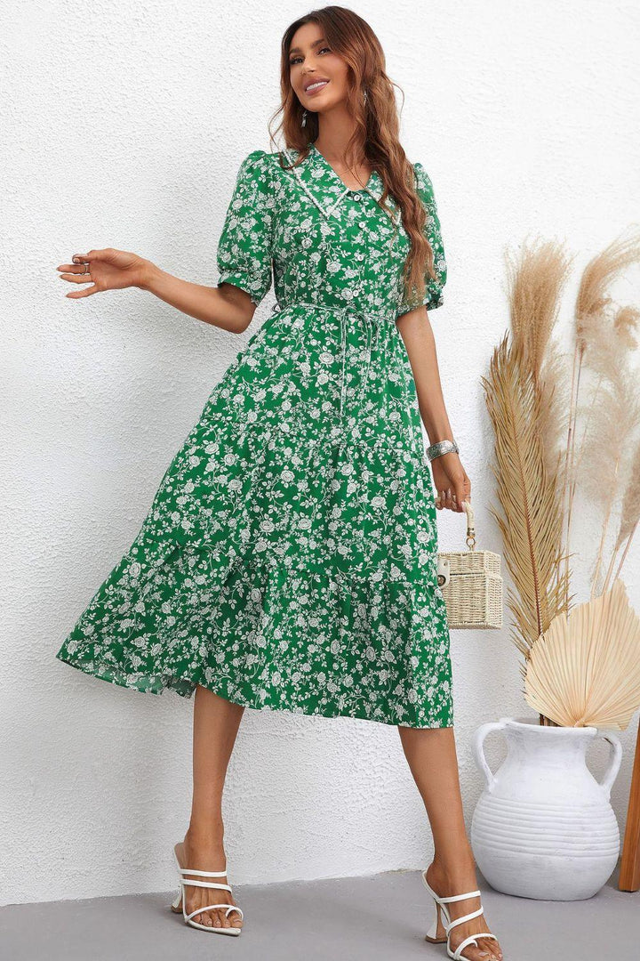 Floral Tie Waist Puff Sleeve Midi Dress - BELLATRENDZ