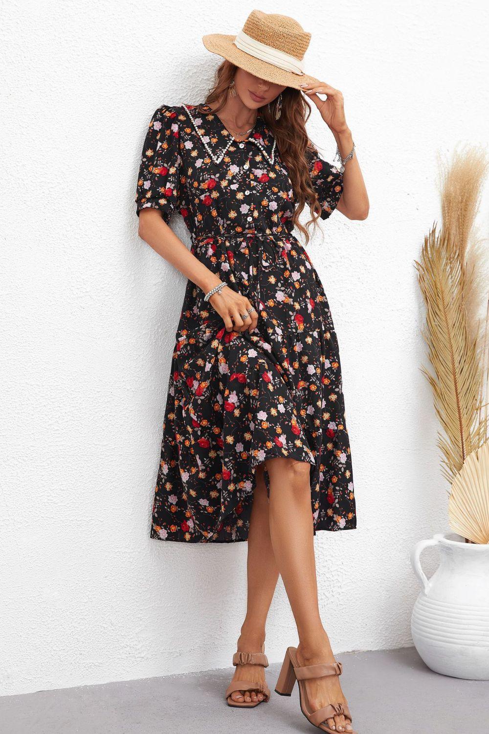Floral Collared Neck Puff Sleeve Dress