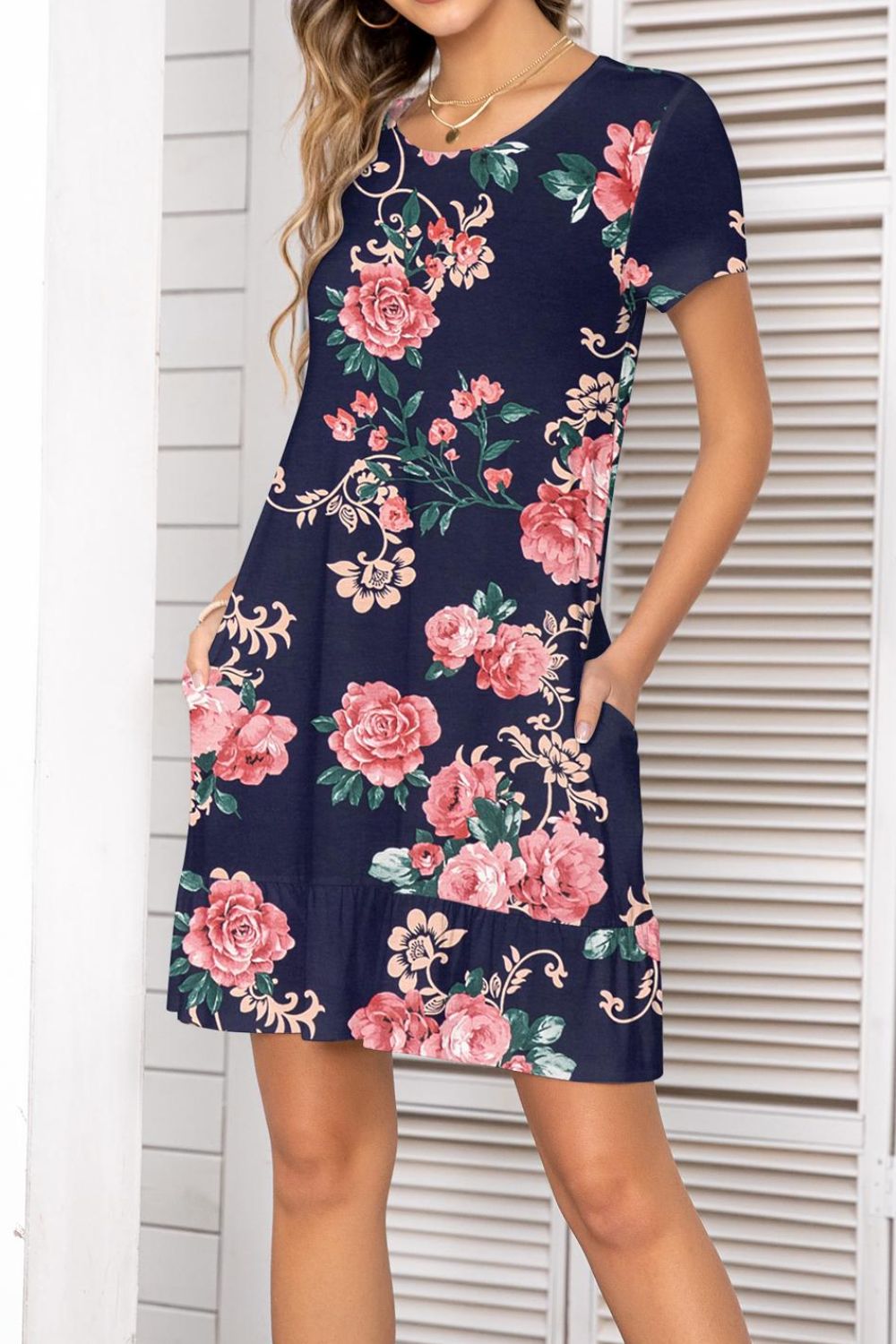 Printed Round Neck Short Sleeve Mini Dress with Pockets