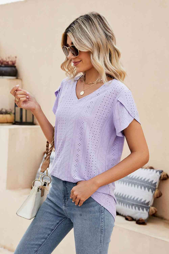 Eyelet Petal Sleeve V-Neck Knit Top