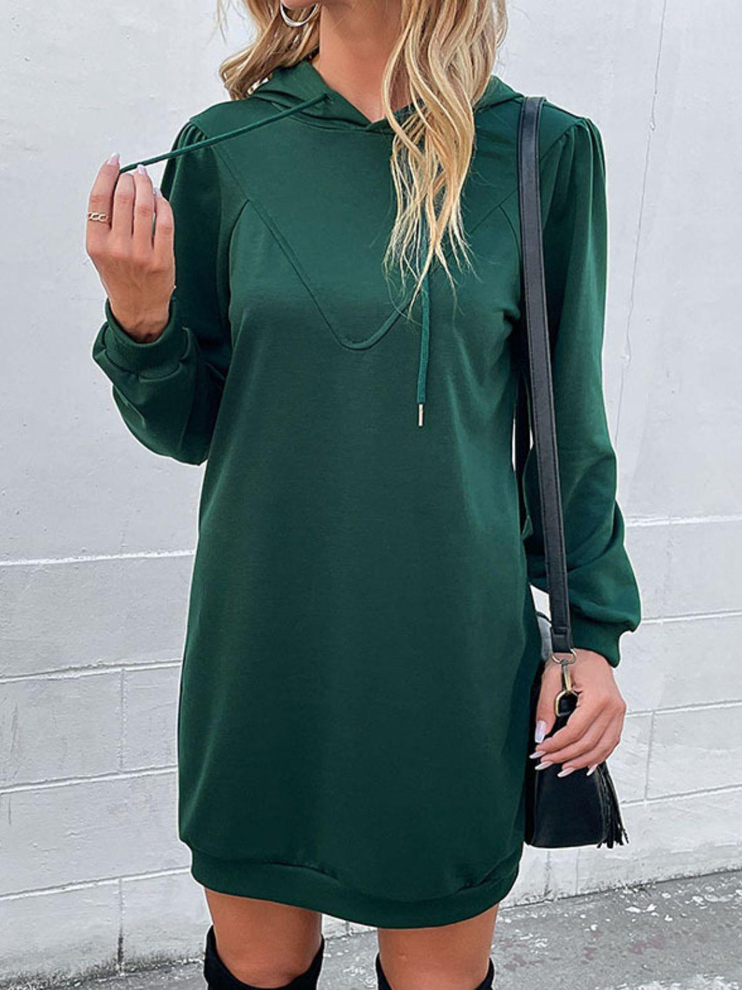 Drawstring Puff Sleeve Hooded Dress - BELLATRENDZ