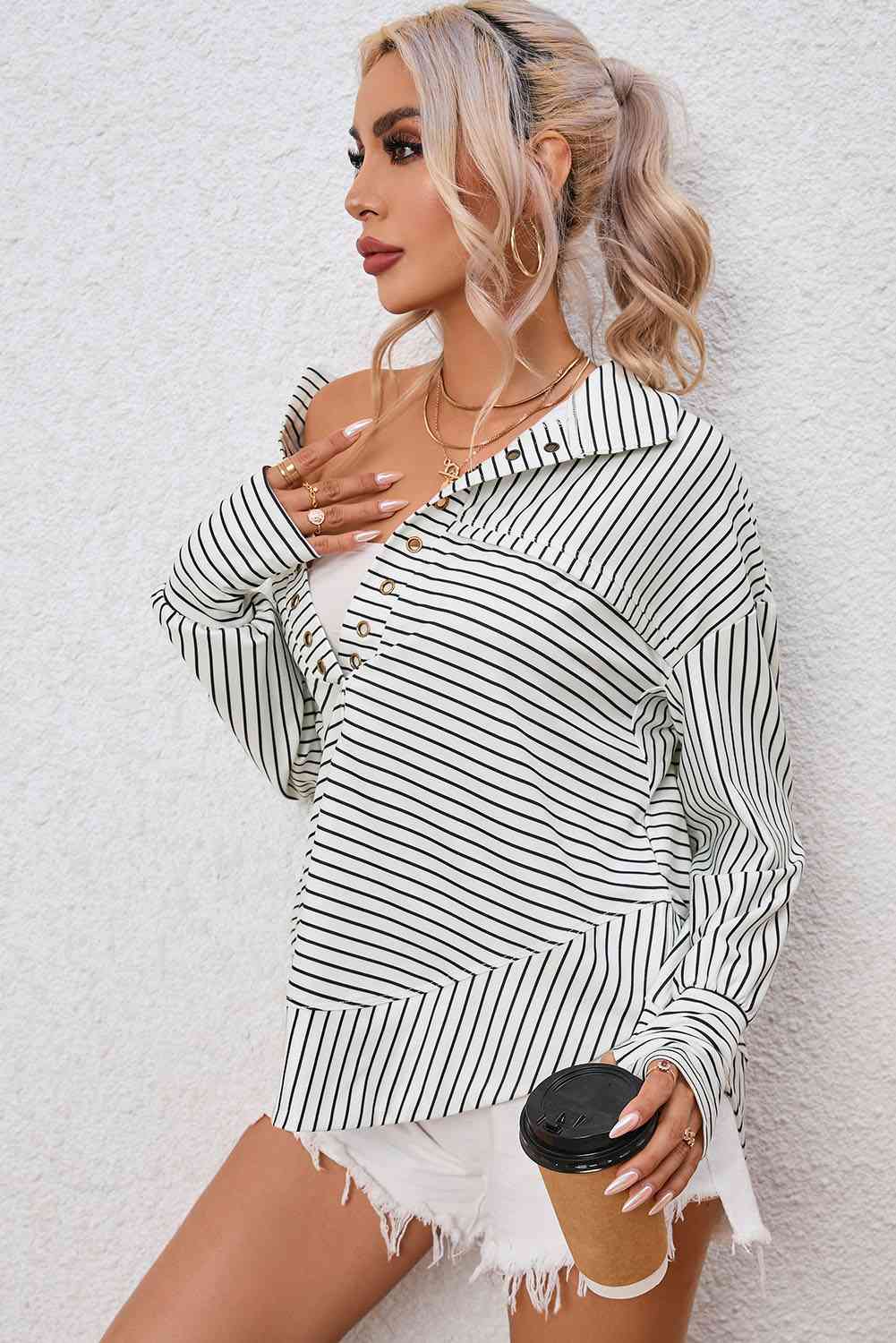 Full Size Striped Collared Top