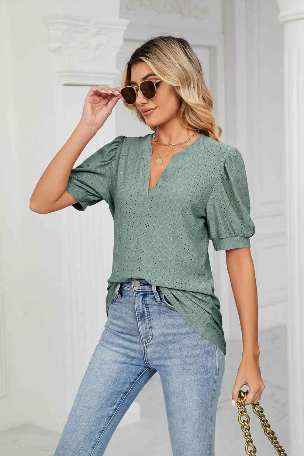 Eyelet Short Puff Sleeve Notched Neck Top