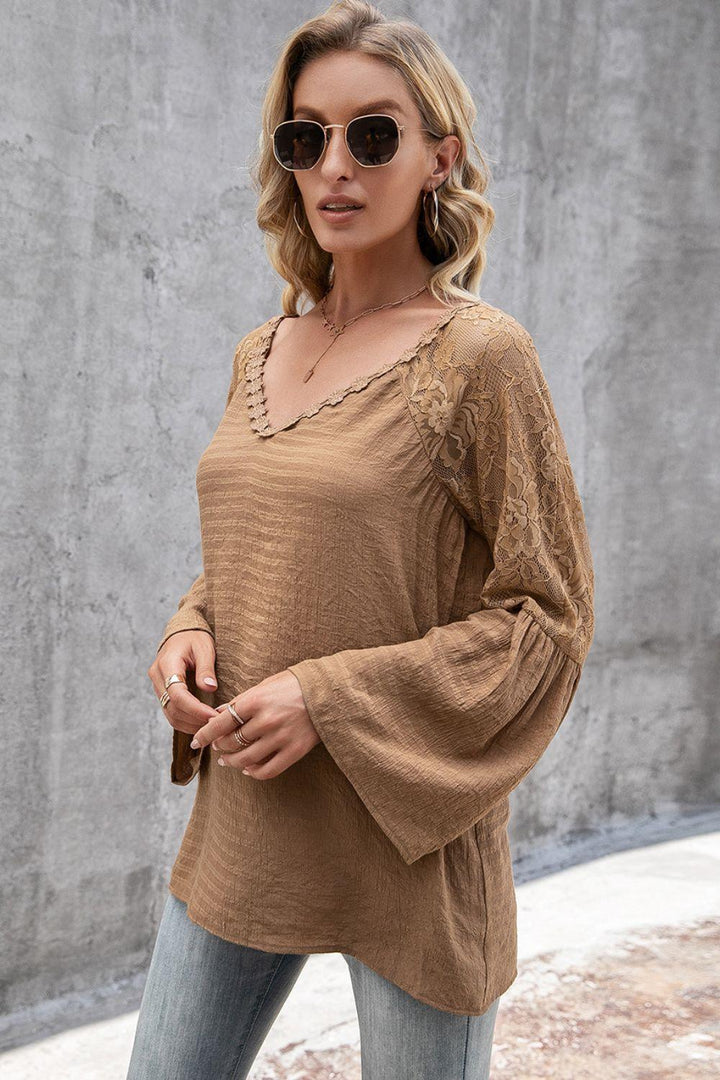 V-Neck Spliced Lace Flare Sleeve Top - BELLATRENDZ