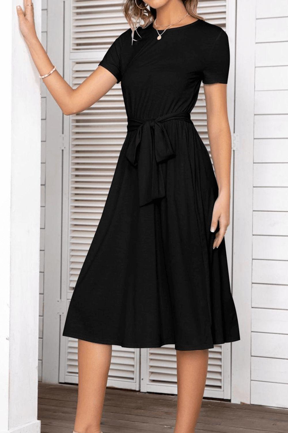 Belted Tee Dress With Pockets - BELLATRENDZ