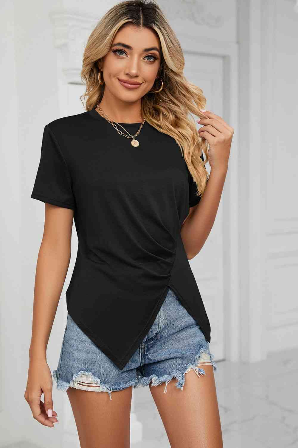 Ruched Hem Detail Crewneck T-Shirt