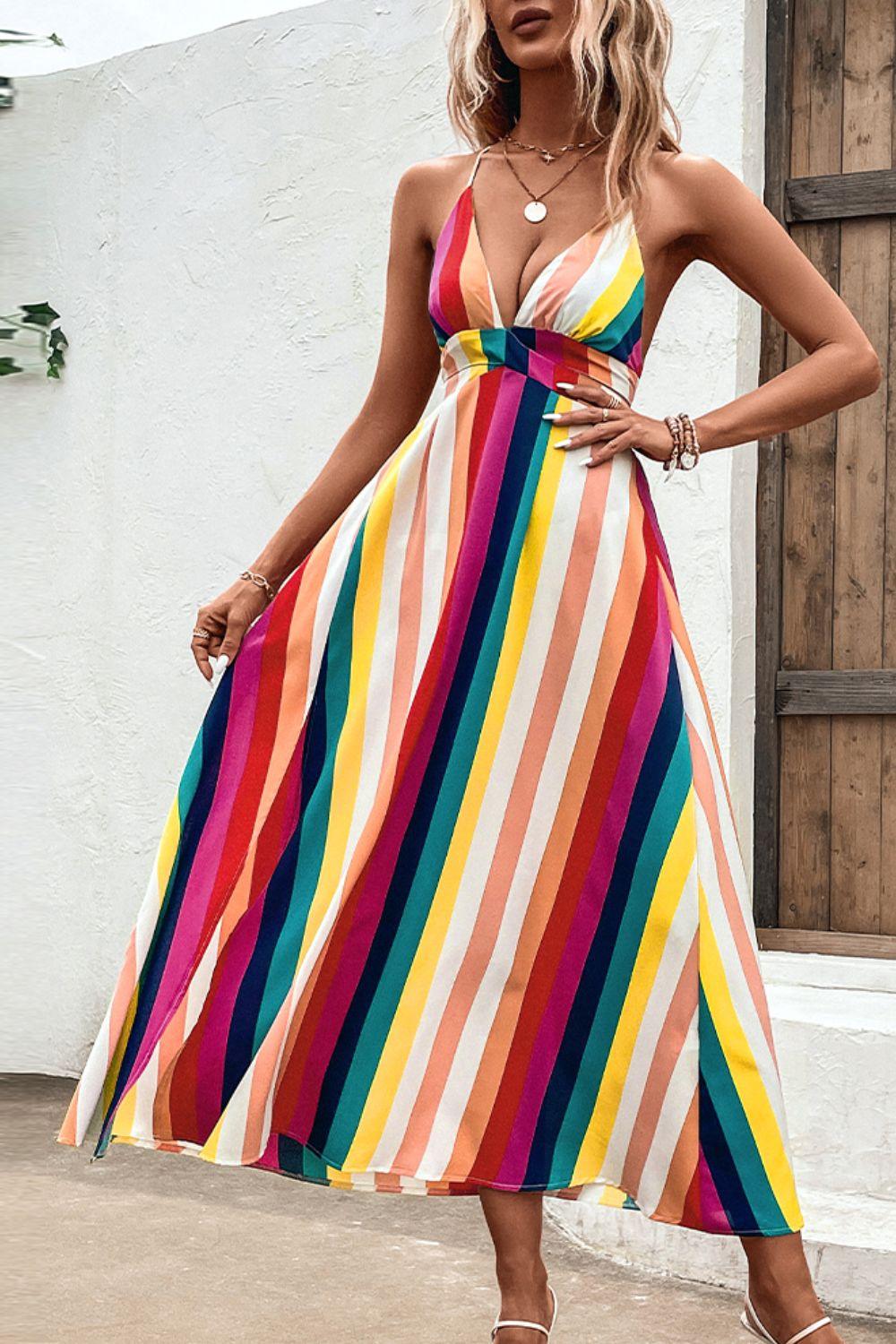 Multicolored Stripe Crisscross Backless Dress - BELLATRENDZ