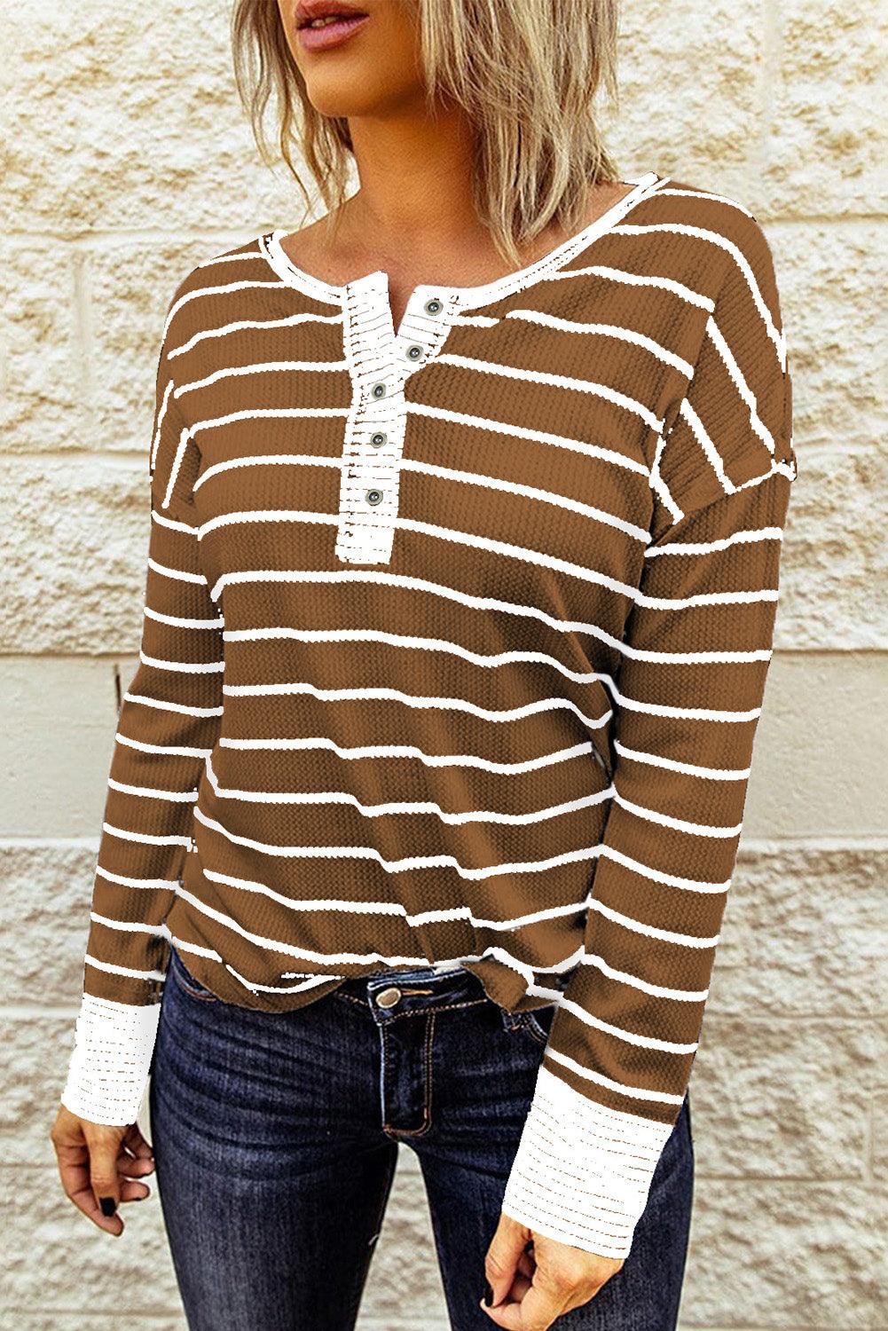 Striped Waffle Knit Henley Long Sleeve Top - BELLATRENDZ