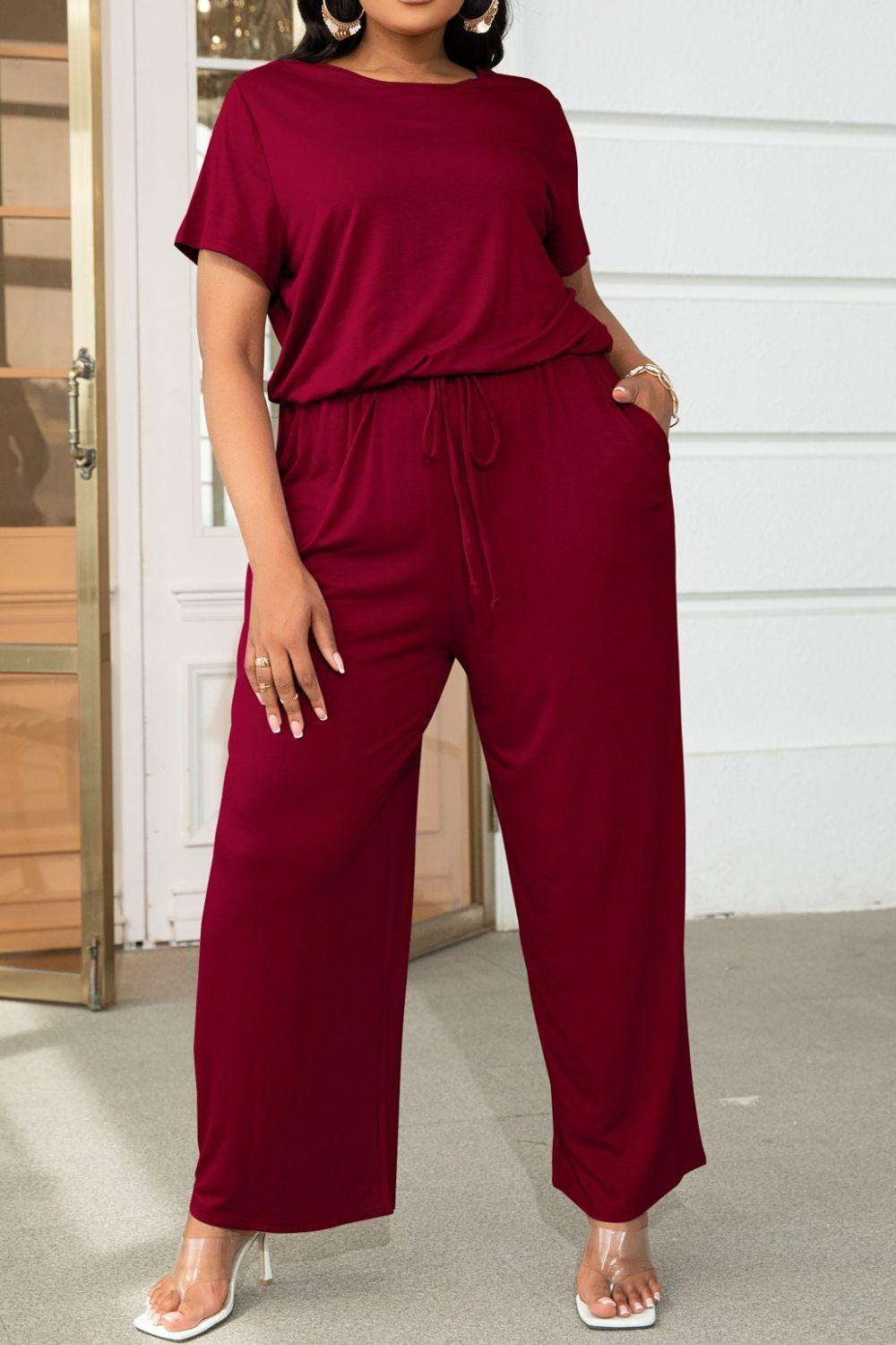 Plus Size Drawstring Waist Short Sleeve Jumpsuit - BELLATRENDZ